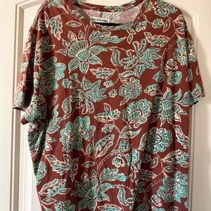 Free People Floral Print Short Sleeve Tee in Teal on Rust